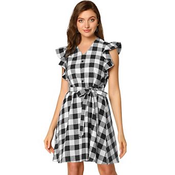 Women's V Neck Check Ruffled Sleeve Belted Plaids Mini Dress