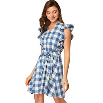 Women's V Neck Check Ruffled Sleeve Belted Plaids Mini Dress
