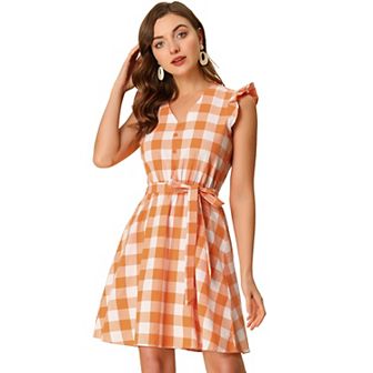 Women's V Neck Check Ruffled Sleeve Belted Plaids Mini Dress