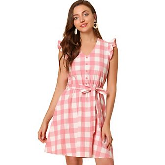 Women's V Neck Check Ruffled Sleeve Belted Plaids Mini Dress