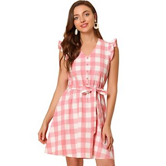 Women's V Neck Check Ruffled Sleeve Belted Plaids Mini Dress