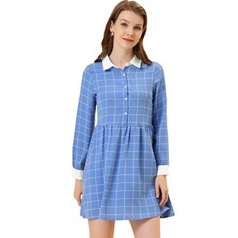 Women's Casual Loose Fit Grid Plaid Long Sleeve Contrast Color Collared Shift Dress