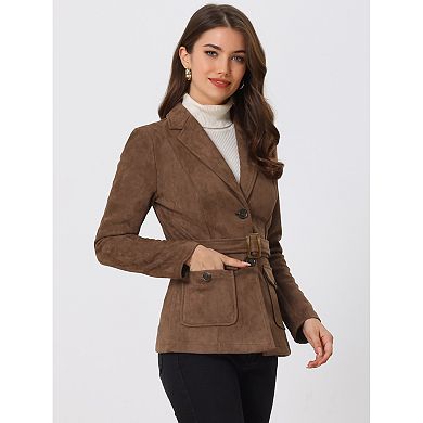Women's Faux Suede Belted Long Sleeve Single Breasted Work Blazer