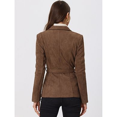 Women's Faux Suede Belted Long Sleeve Single Breasted Work Blazer
