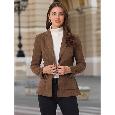Women's Faux Suede Belted Long Sleeve Single Breasted Work Blazer