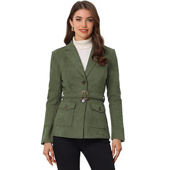 Women's Faux Suede Belted Long Sleeve Single Breasted Work Blazer
