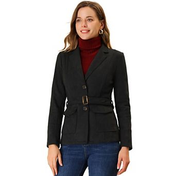 Women's Faux Suede Belted Long Sleeve Single Breasted Work Blazer