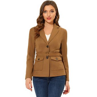 Women's Faux Suede Belted Long Sleeve Single Breasted Work Blazer
