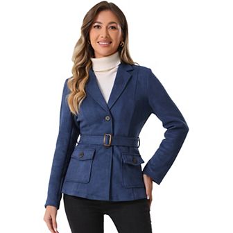 Women's Faux Suede Belted Long Sleeve Single Breasted Work Blazer