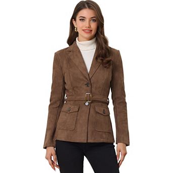 Women's Faux Suede Belted Long Sleeve Single Breasted Work Blazer