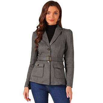 Women's Faux Suede Belted Long Sleeve Single Breasted Work Blazer