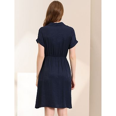 Women's Notched Lapel V Neck Elastic Waist Shirt Dress with Pockets