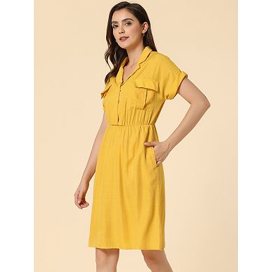 Women's Notched Lapel V Neck Elastic Waist Shirt Dress With Pockets