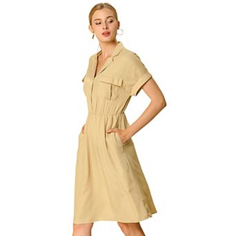 Women's Notched Lapel V Neck Elastic Waist Shirt Dress With Pockets