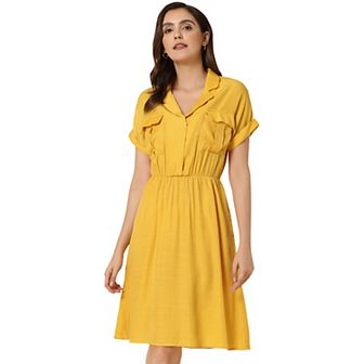 Women's Notched Lapel V Neck Elastic Waist Shirt Dress With Pockets