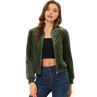 Women's Winter Zipper Velvet Surface Quilted Bomber Jacket with Pockets