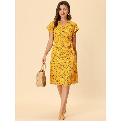 Women's Floral V Neck Ruffled Flutter Sleeve Belt Wrap Midi Dress