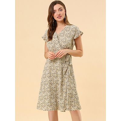 knee length dresses for ladies Candace Flutter Sleeve Faux-Wrap Midi Dress Teal Floral / XL