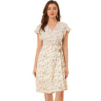 Women's Floral V Neck Ruffled Flutter Sleeve Belt Wrap Midi Dress