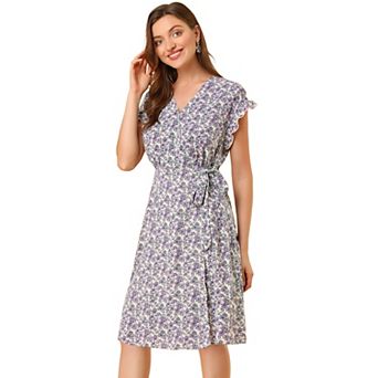Women's Floral V Neck Ruffled Flutter Sleeve Belt Wrap Midi Dress
