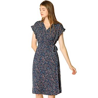 Women's Floral V Neck Ruffled Flutter Sleeve Belt Wrap Midi Dress