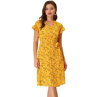 Women's Floral V Neck Ruffled Flutter Sleeve Belt Wrap Midi Dress