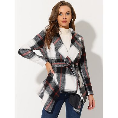 Women's Turn Down Collar Asymmetric Hem Plaids Thin Wrap Coat