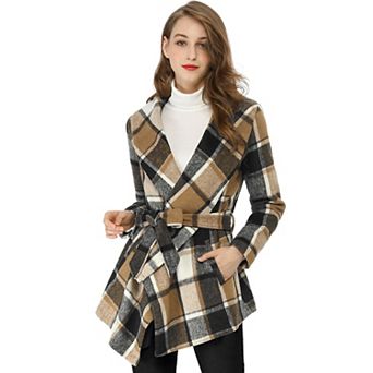 Women's Turn Down Collar Asymmetric Hem Plaids Thin Wrap Coat