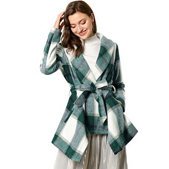 Women's Turn Down Collar Asymmetric Hem Plaids Thin Wrap Coat