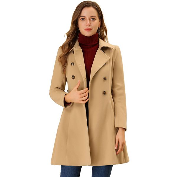 Womens Turn Down Collar Double Breasted Swing Hem Winter Long Coat 9189