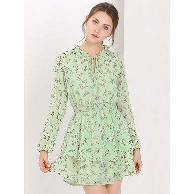 Women's Floral Printed Smocked Waist V Neck Long Sleeve Chiffon Dresses