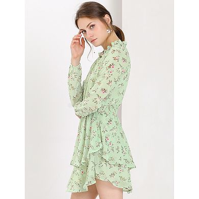 Women's Floral Printed Smocked Waist V Neck Long Sleeve Chiffon Dresses