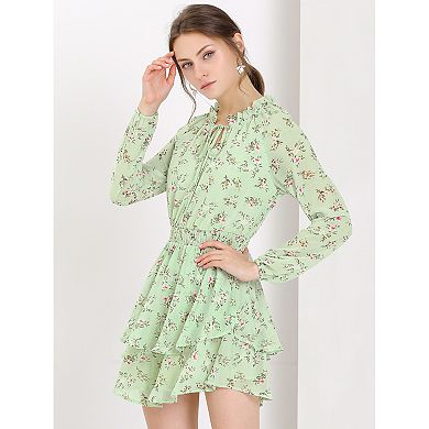 Women's Floral Printed Smocked Waist V Neck Long Sleeve Chiffon Dresses