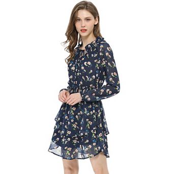 Women's Floral Printed Smocked Waist V Neck Long Sleeve Chiffon Dresses