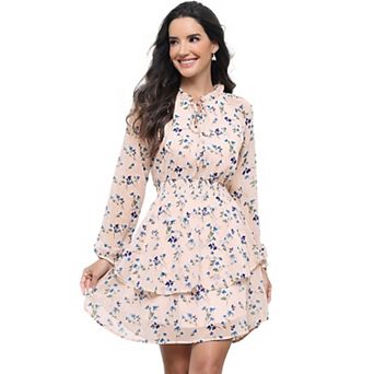 Women's Floral Printed Smocked Waist V Neck Long Sleeve Chiffon Dresses