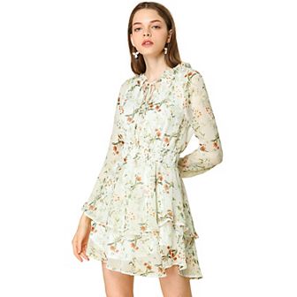 Women's Floral Printed Smocked Waist V Neck Long Sleeve Chiffon Dresses
