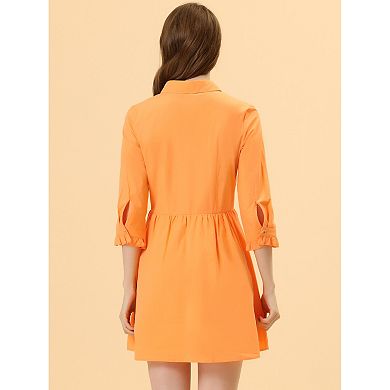 Women's 3/4 Sleeve Button Front Flare Mini Shirt Dress