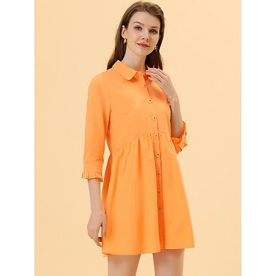 Women's 3/4 Sleeve Button Front Flare Mini Shirt Dress