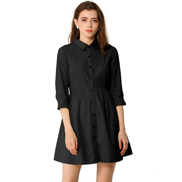 Women's 3/4 Sleeve Button Front Flare Mini Shirt Dress