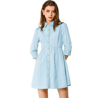 Women's 3/4 Sleeve Button Front Flare Mini Shirt Dress