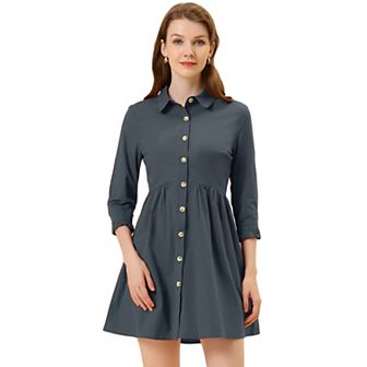 Women's 3/4 Sleeve Button Front Flare Mini Shirt Dress