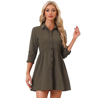 Women's 3/4 Sleeve Button Front Flare Mini Shirt Dress