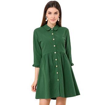 Women's 3/4 Sleeve Button Front Flare Mini Shirt Dress