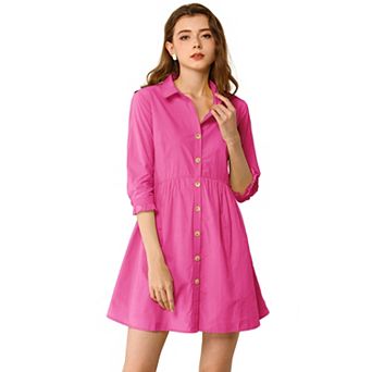 Women's Casual 3/4 Sleeve Button Front Flare Mini Shirt Dress