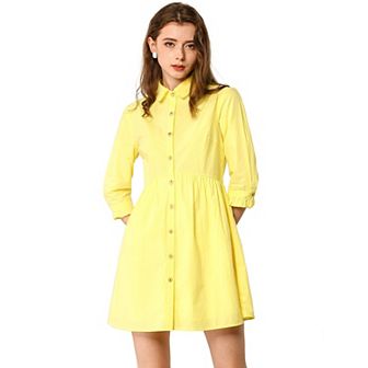 Women's 3/4 Sleeve Button Front Flare Mini Shirt Dress