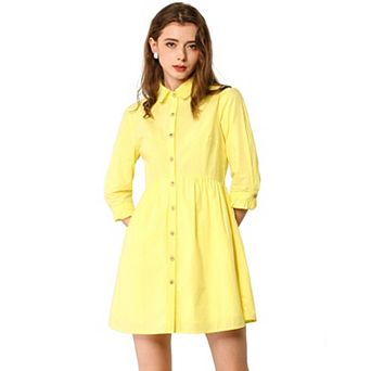 Women's 3/4 Sleeve Button Front Flare Mini Shirt Dress