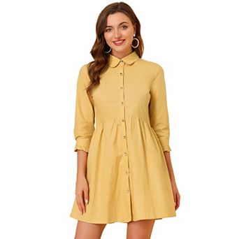 Women's Casual 3/4 Sleeve Button Front Flare Mini Shirt Dress