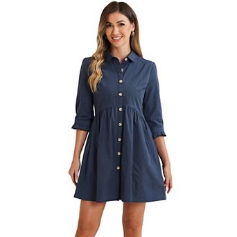 Women's 3/4 Sleeve Button Front Flare Mini Shirt Dress