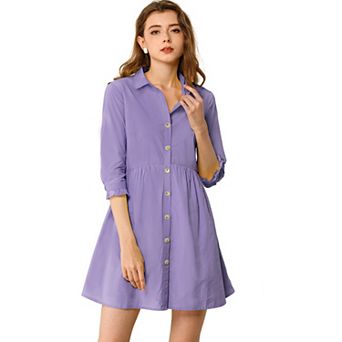 Women's 3/4 Sleeve Button Front Flare Mini Shirt Dress