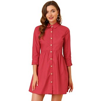 Women's 3/4 Sleeve Button Front Flare Mini Shirt Dress